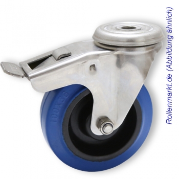 Edelstahl-Lenkrolle mit Totalstopp, blauem Elastik-Vollgummirad 100 mm und Rückenlochbefestigung